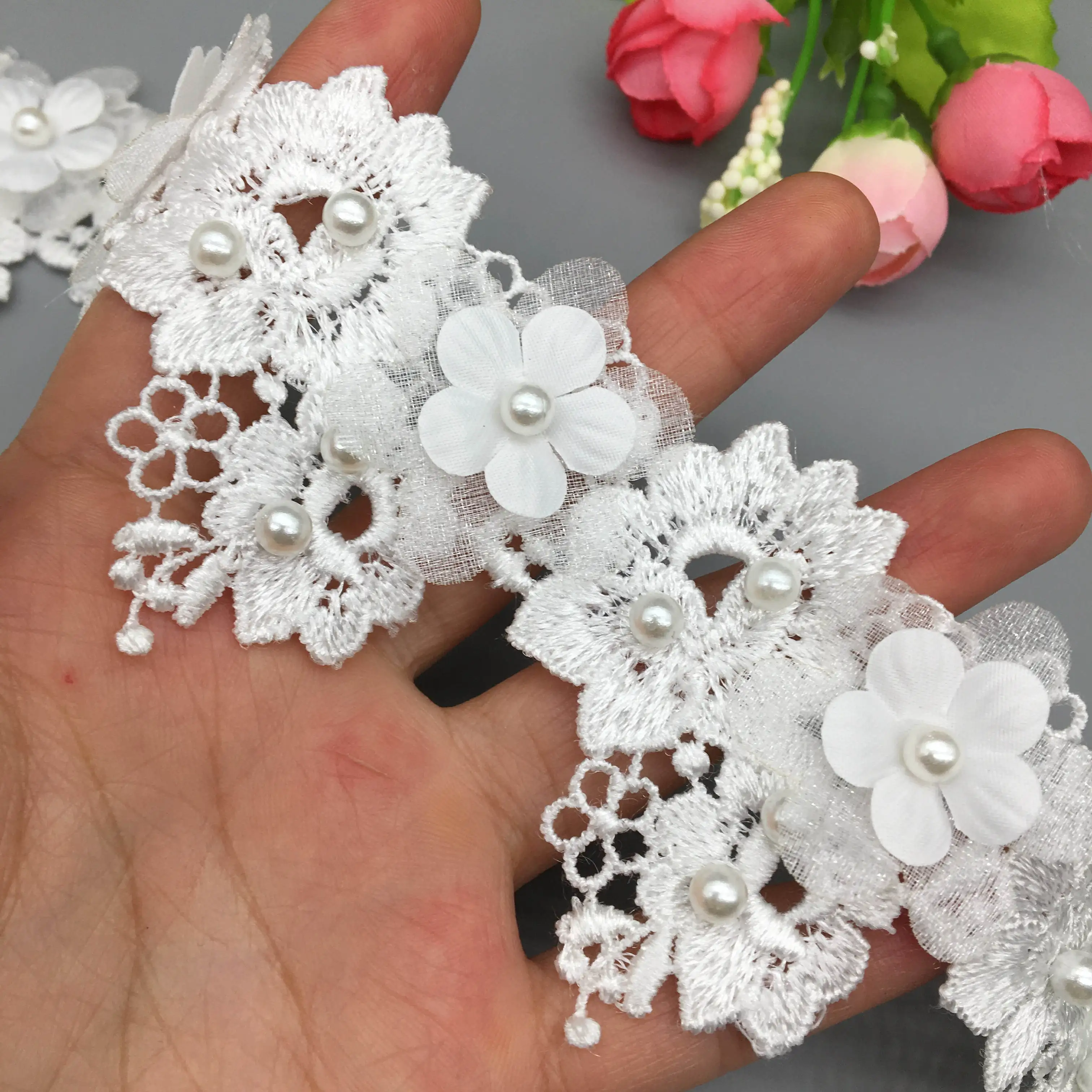 1 Yard 3D Flower Pearl Lace Trim Embroidered  Lace Ribbon Fabric Handmade Beaded Sewing Craft For Costume Hat Decoration 5cm