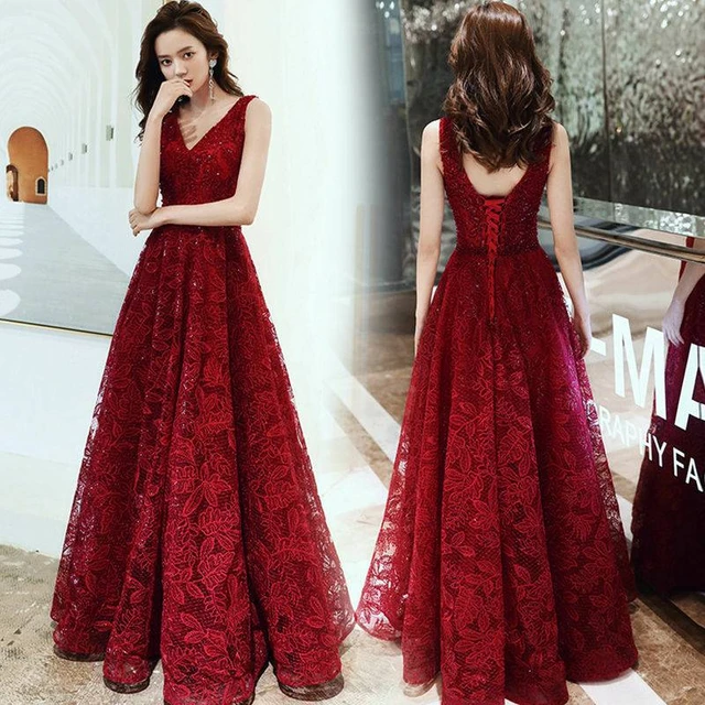 Vestidos de Noche de lujo con cuello en V para mujer vestido largo y elegante con cordones color rojo vino longitud hasta el suelo fiesta de boda