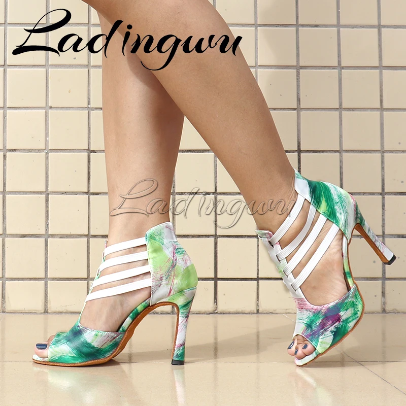 Ladingwu-zapatos de baile latino para mujer, botas de primavera y verano, sandalias de Salsa, Tango, grafiti, zapatos de baile latino de cuero, tacón de 6-10cm