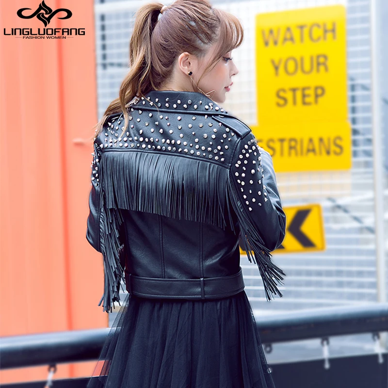 Punk street rivet beading pu leather jackets spring leather outerwear female fashion Tassel stitching PU leather jacket F832