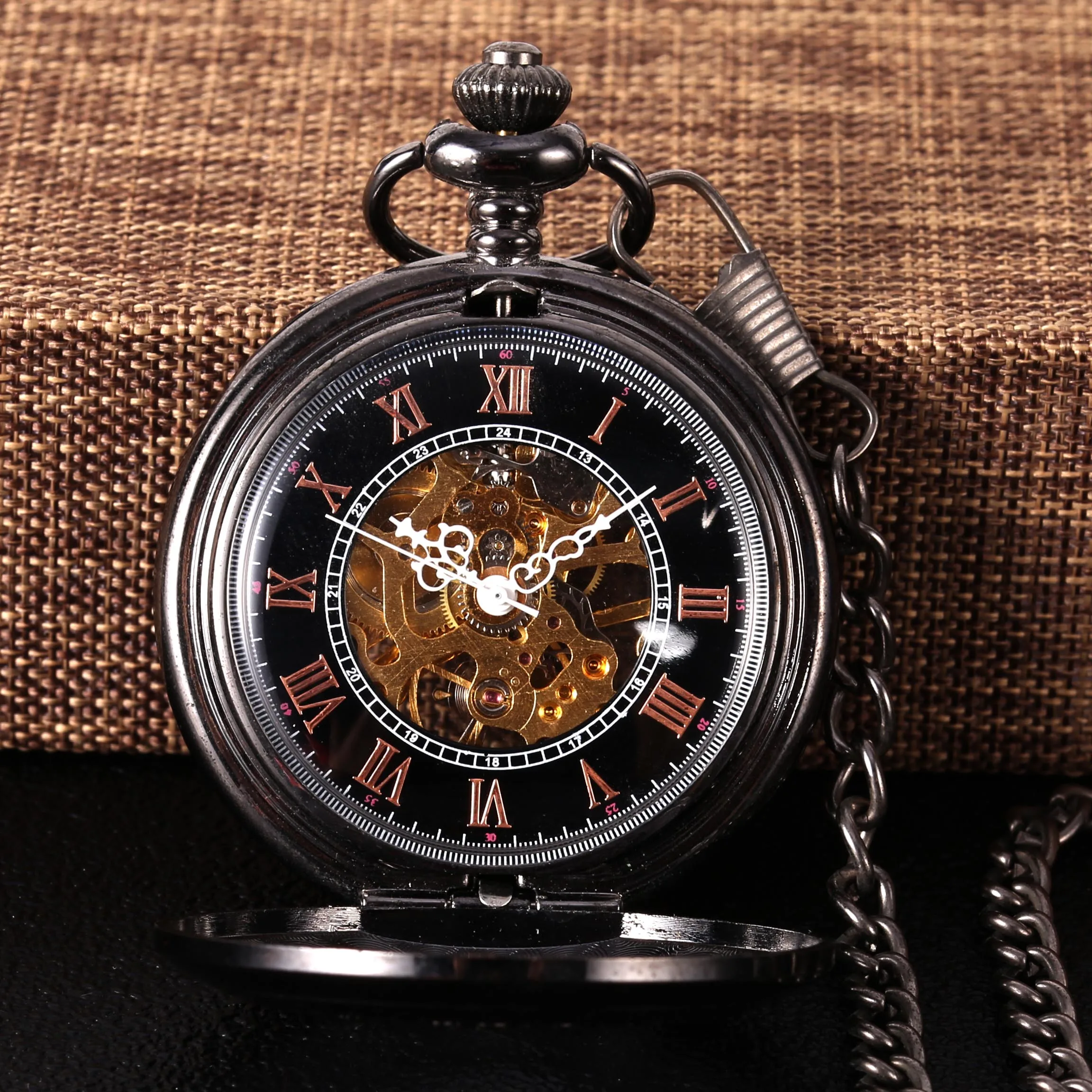 Black openwork carved Roman scale black face large mechanical pocket watch Value exquisite flip pocket watch