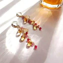 Lii Ji Citrine Pink Tourmaline Earrings Handmade 925 Sterling Silver 18K Gold Color Long Tassel Earrings For Women Gift