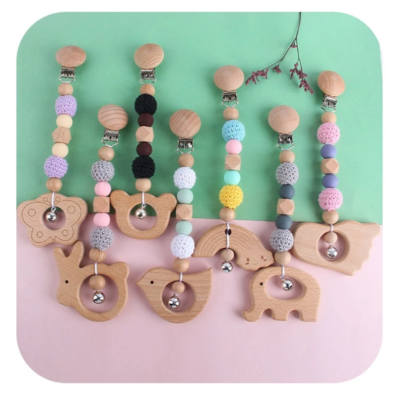 Wooden Baby Pram Clip Toys Silicone Beads Baby Teether Pacifier Clip Chain Baby Gym Hanging Toys Stroller Rattle Mobile Bed Bell