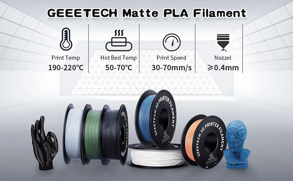 Geeetech-filamento PLA mate de 1,75mm, carrete de 1kg (2,2 libras), Material de impresora 3d, ácido poliláctico, textura esmerilada, envasado al