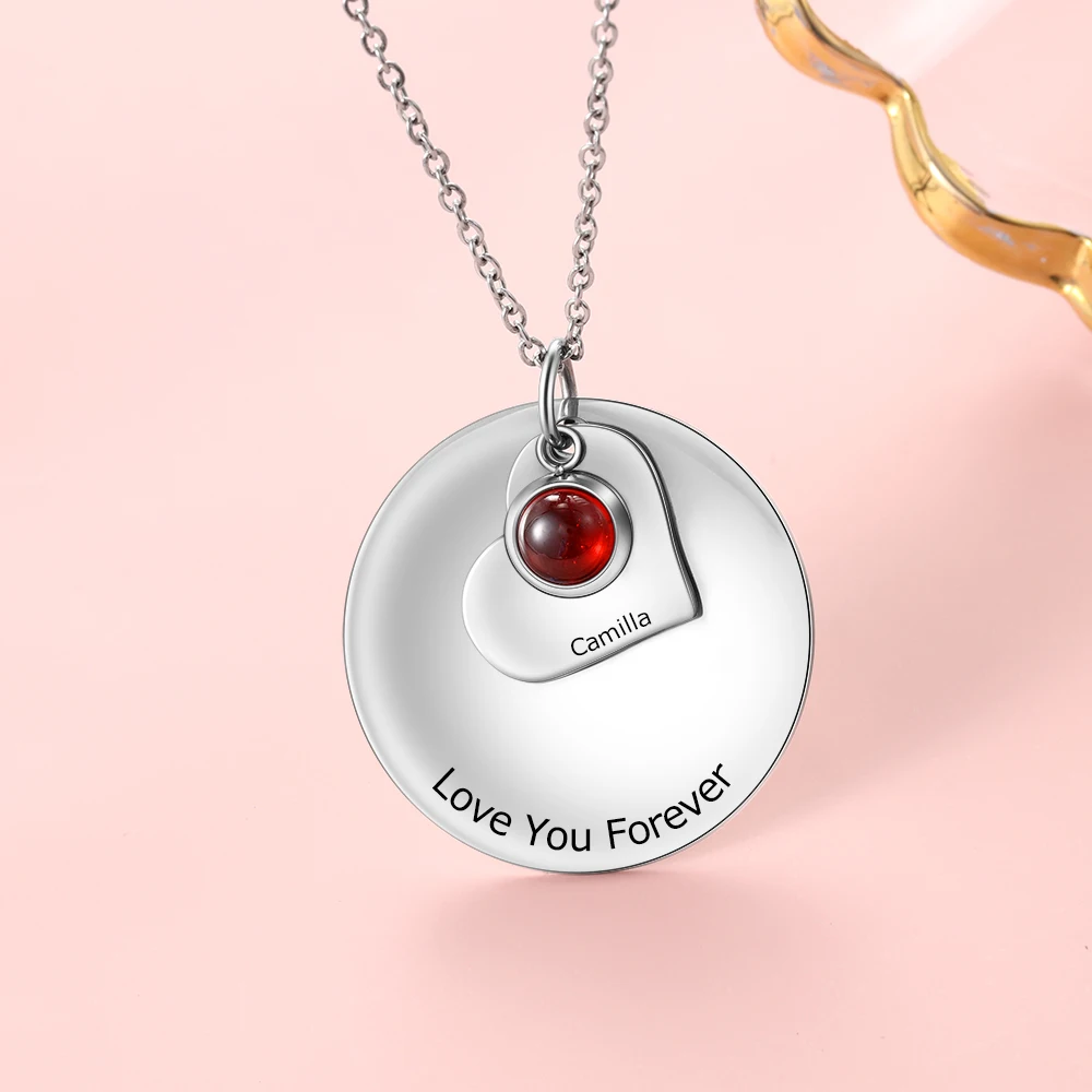 Personalized Engraved Round Disc Pendant Necklace Custom Birthstone Heart Necklaces for Women DIY Birthday Gift (NE103781)