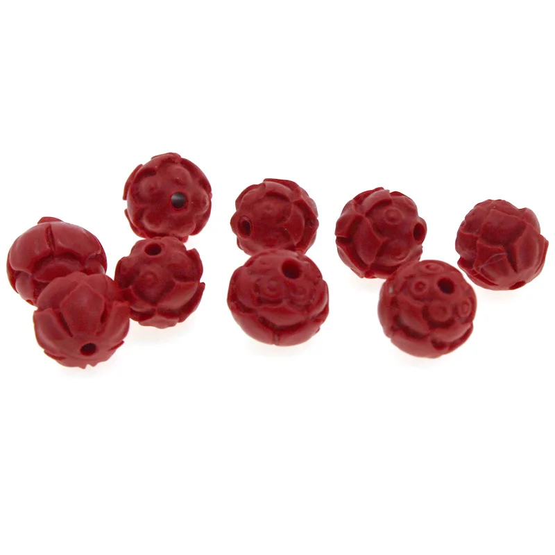 20pcs/lot Carved Flower Natural Cinnabar Red Beads Round Ball Loose Spacer Beads for Jewelry Making DIY Charm Bracelet Findings