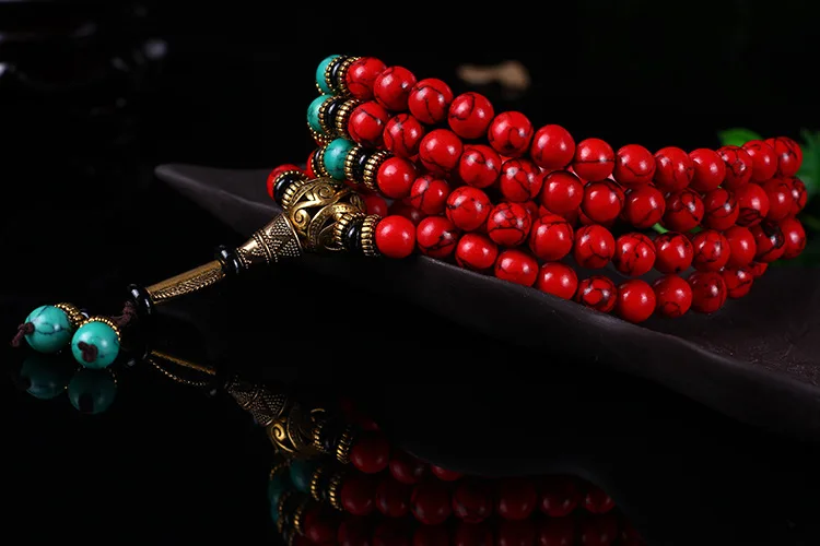 Wholesale Buddhist 108 Mala Prayer Bracelets 8MM Red Pine Stone Beads Women Men Yoga Meditation Necklace Dropshipping