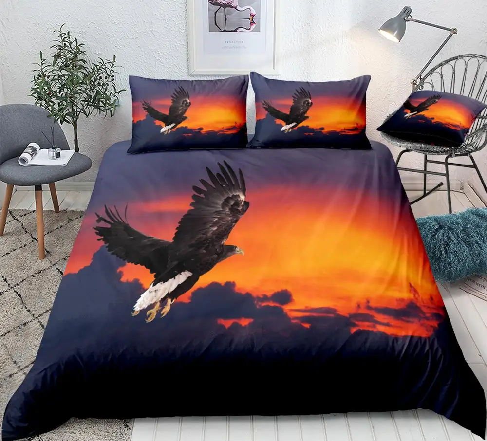 3D Black Eagle Bedding Flying Birds Duvet Cover Set Flying Eagle on Orange Sunset Design Wild Life Eagle Bed Set Dropship