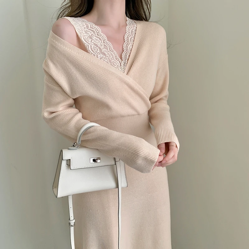 

Chic Sweater Dress Women 2022 V Neck Woman Knitwear Casual Apricot Dresses New Winter Korean Warm Knitted Solid Elegant Thick