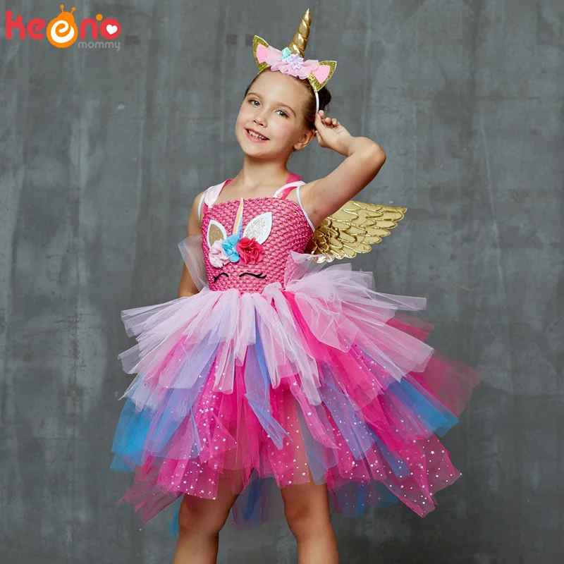 Glittery Unicorn Princess Pageant Flower Girl Tutu Dress Kids Party Costume with Headband and Wings Halloween Cosplay Girl Dress