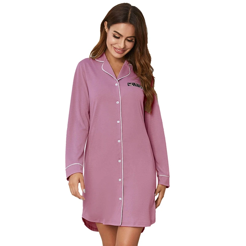 Spring Long Sleeve Sleep Shirt Women Lapel Solid Color Cotton Nightdress Casual Sweat-absorbent Breathable Homewear PL1