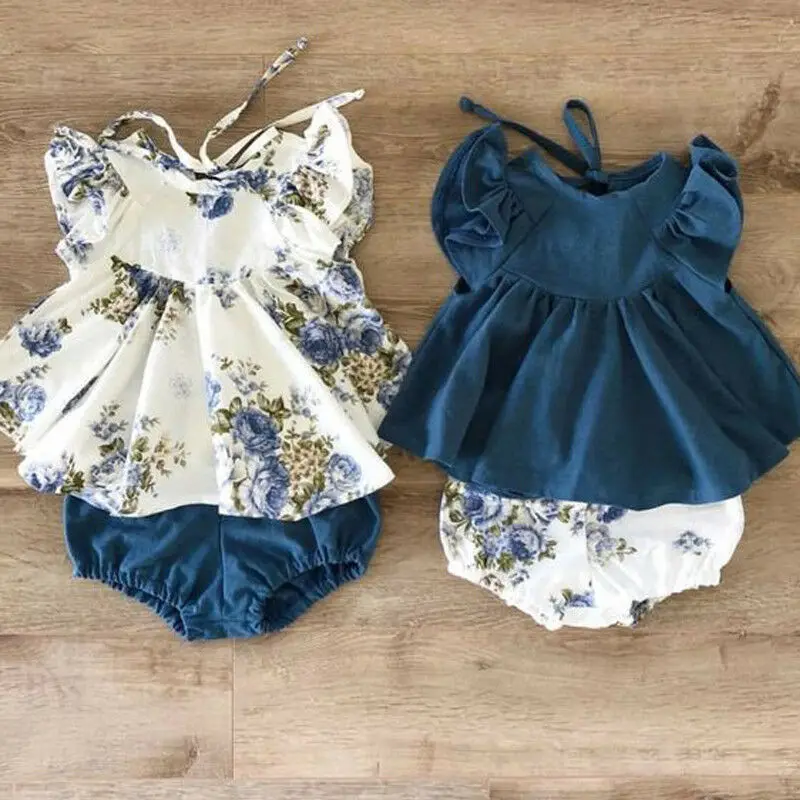 New Summer Floral Round Neck Tops Harem Shorts Girl Casual Cotton Cute 2PCs Newborn Baby Girls Clothes Set Infant Clothing