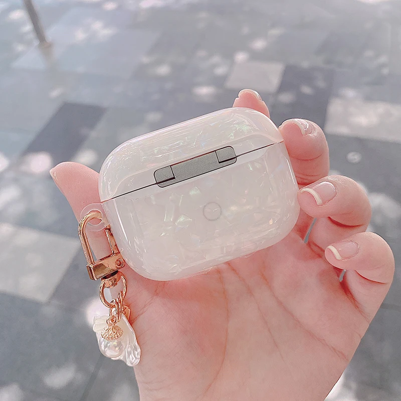 高級光沢のあるシェルパターンヘッドセットairpodsためのプロ 3 シリコーンイヤホン保護カバーかわいい真珠ブレスレットキーホルダー