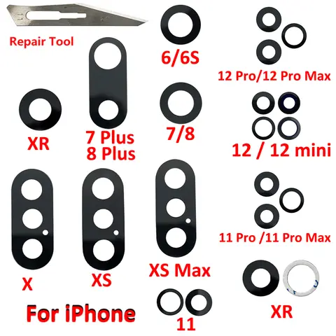 2 uds, cristal de cámara trasera para IPhone 6 7 8 Plus X XR XS 11 12 Pro Max 12mini piezas de repuesto de reparación de lentes de vidrio de cámara trasera + herramienta