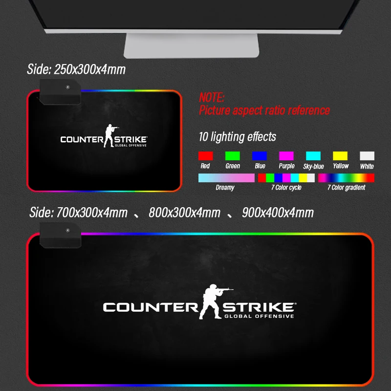 Counter-Strike RGB Gaming Mouse Pad Large Anime CS LED Lighting Mousepad Gamer Computer Desk Mat Pad CS-Go Support DIY