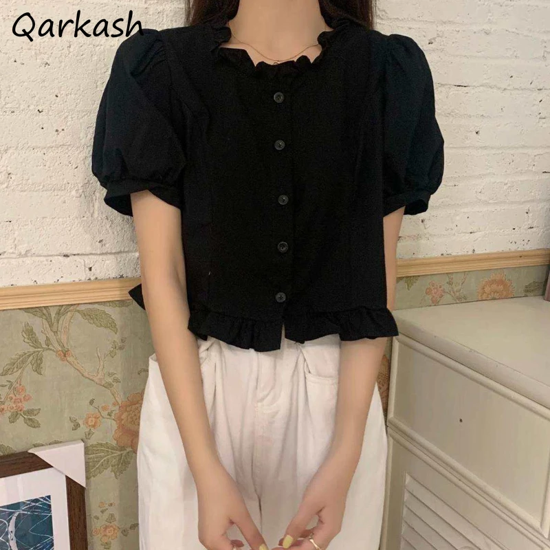 Shirt Women Design Ruffles Summer Short Sleeves Harajuku Casual Single Breasted All Match Simple Ulzzang Young Solid Retro Soft