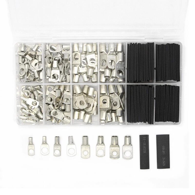 

120PCS Assortment Bare Copper Lug Splice Crimp Terminals Ring 6-25mm Battery Welding Electrical Cable Wire Connectors Kit & Tube