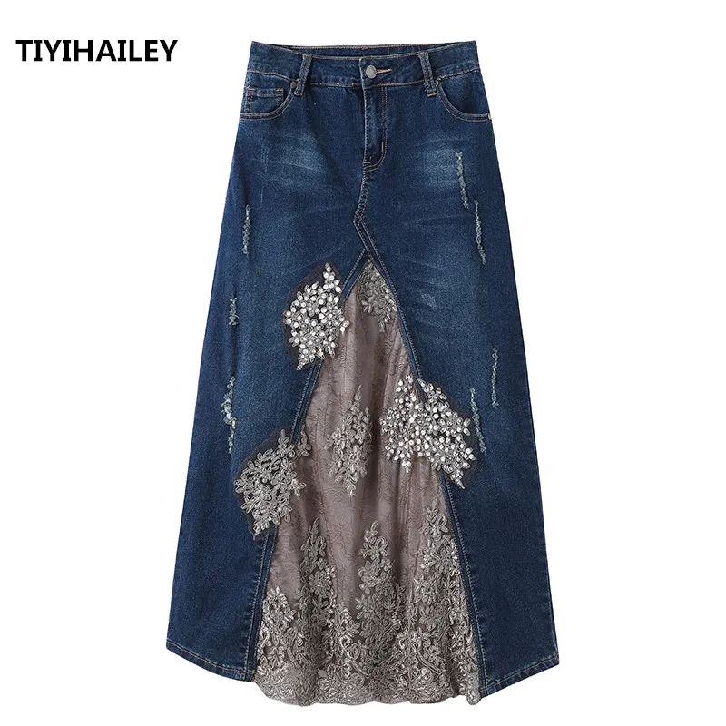 TIYIHAILEY-Women's Long Maxi Denim Skirt, Lace Patchwork Jeans, Beaded Skirts, Plus Size S-2XL, Summer Fashion,2024