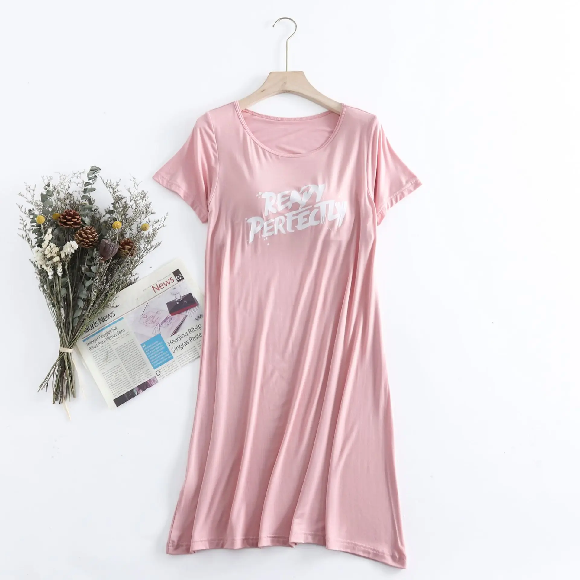 Fashion Letter Loose Nightshirt Female Bra Padded Casual Home Wear Modal Cotton Sleepshirt Summer Dress Women Nightgowns
