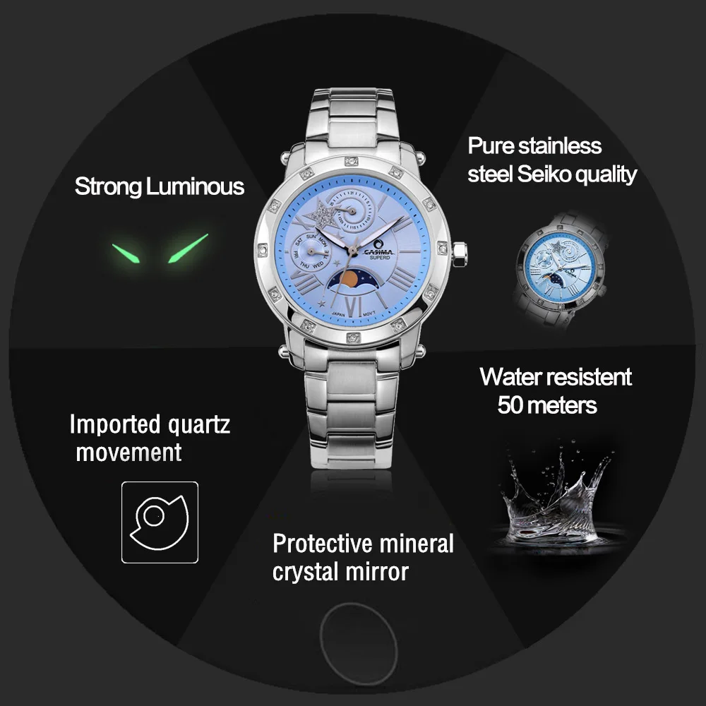 Moda de luxo marca relógio pulseira definir senhoras casual diamante cristal multi-função relógio de quartzo senhoras relógios casima