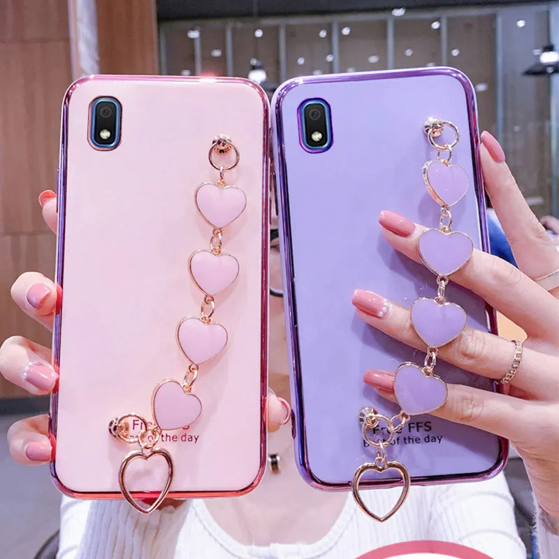 Wrist Bracelet Phone Case For Samsung A10 Case Luxury Heart Chain Plating Cover Capa For Samsung Galaxy A10 A10s A20 A31 A21s