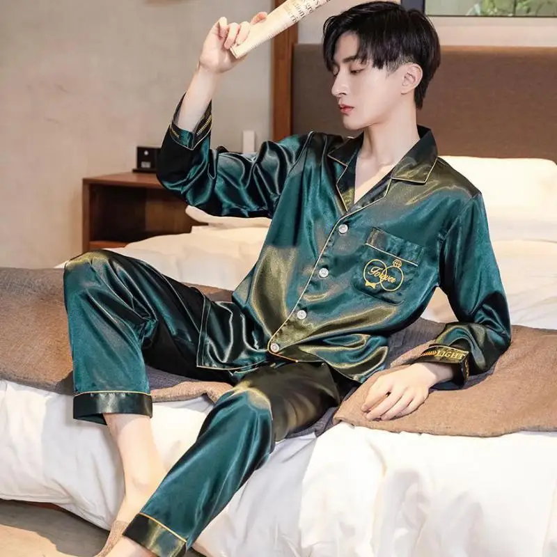 Casual Sleep Set Embroidery Men Pajamas Set Satin Lapel Sleepwear Loose Big Size 2PCS Shirt&Pant Long Sleeve Collar Home Clothes