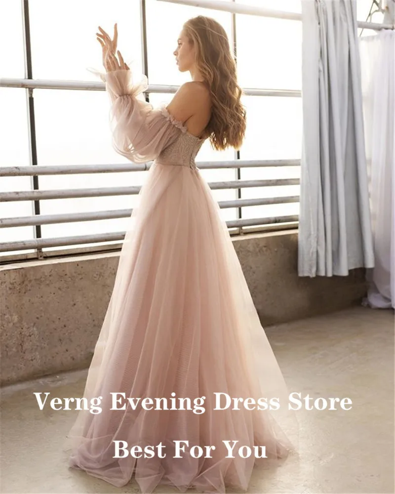 Verngo Dusty Pink Long Prom Dresses 2021 Off the Shoulder Sweetheart Tulle Romantic Elegant Princess Prom Party Gown Custom