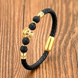 Men Punk Skull Shape Stone Beaded Charm Bracelet Men Women Genuine Leather Rope Chain Bangles Fashion Stainless Steel Jewelry