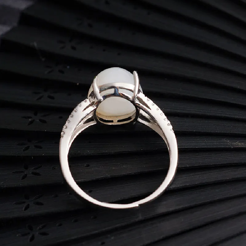 Large Egg Noodle Hetian Jade 925 Sterling Silver Live Ring Female Ring Sterling Silver Inlaid White Jade Simple Ring Jade Jewelr