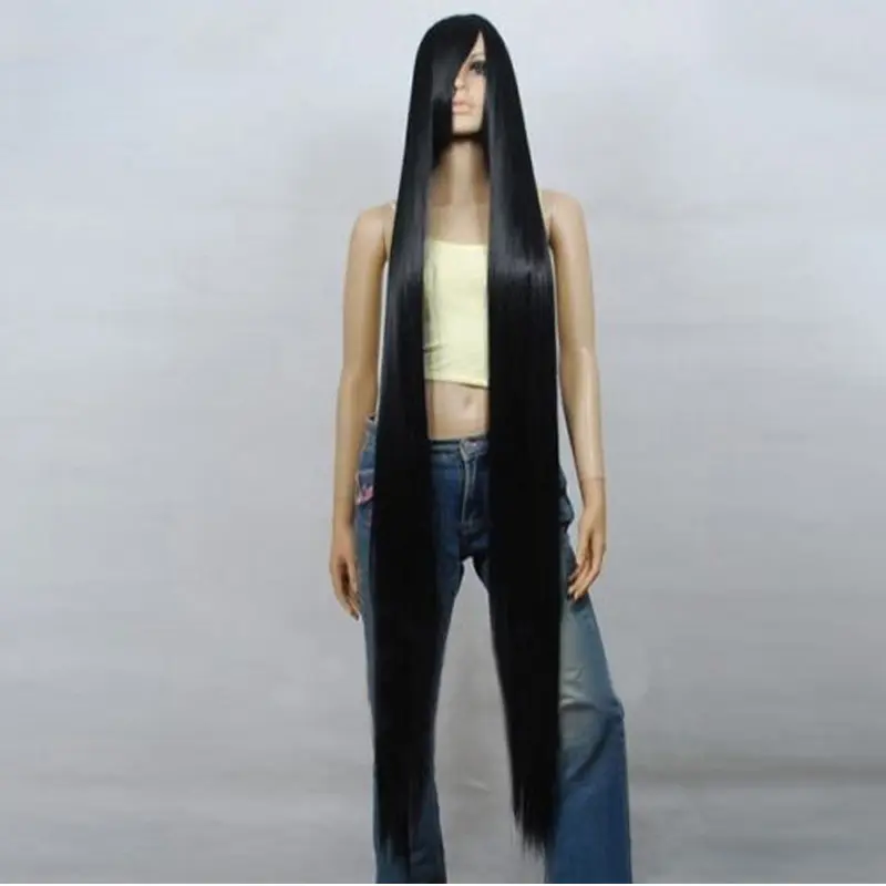 200cm/79" 150cm/59" 120cm/47" 100cm/39" 80cm/32" Black Long Straight Wig Heat Resistant Synthetic Hair Cosplay Wigs + Wig Cap - Image 2