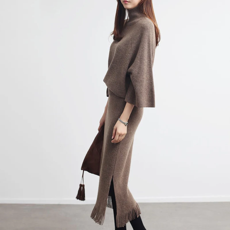 Turtleneck Sweater Skirt Two Pieces Suits Women Autumn Winter 2024Elegant Loose Knit Pullover Side Split Midi Fringed Skirts Set