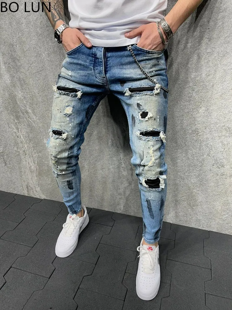 Men Slim-Fit HIP HOP Ripped jeans Man Painted printed Pencil Denim pants fashion Patchwork Moto Biker Cowboy Beggar Trousers Men