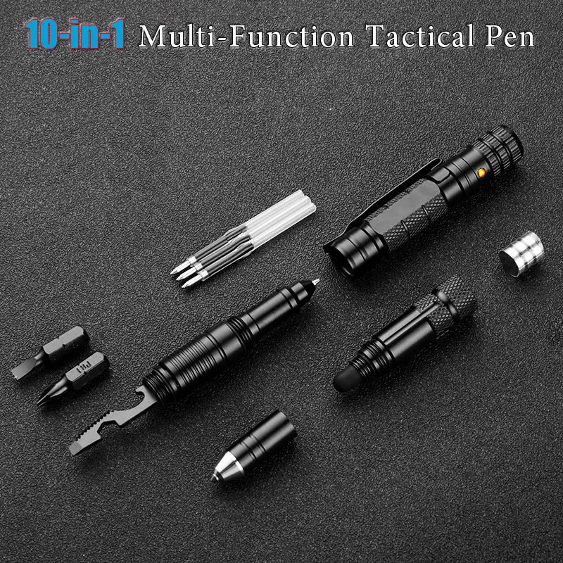 10-In-1 Self Defense Tactical Pen Emergency Flashlight Screwdriver Bottle Opener Window Breaker Outdoor Survival EDC Tool Gift