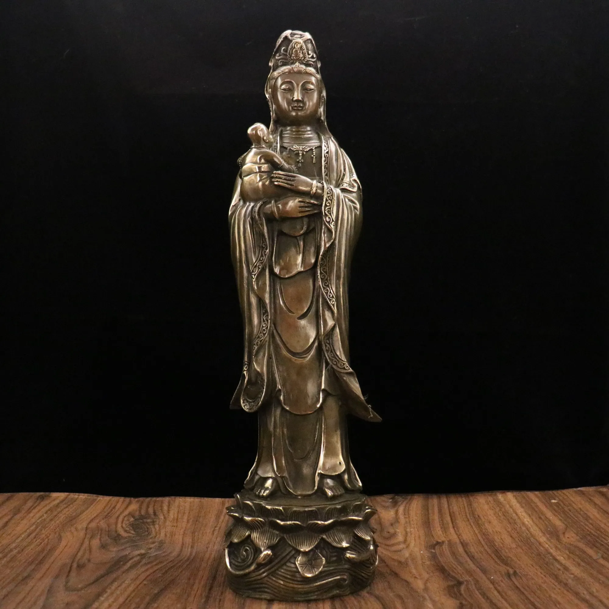 

15"Tibetan Temple Collection Old Brass send child Guanyin Avalokitesvara Bodhisattva Standing Buddha Worship Hall Town house