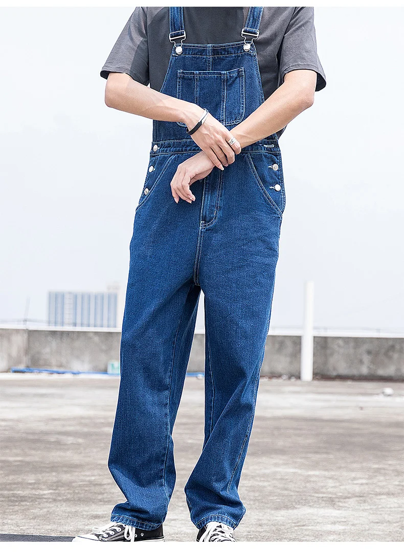 Herren Plus Size Denim Latzhose Klassische Cargo-Jeans mit Großen Taschen Lose Arbeitslatzhose Trägerhose Dunkel- und Hellblau – Detail 7