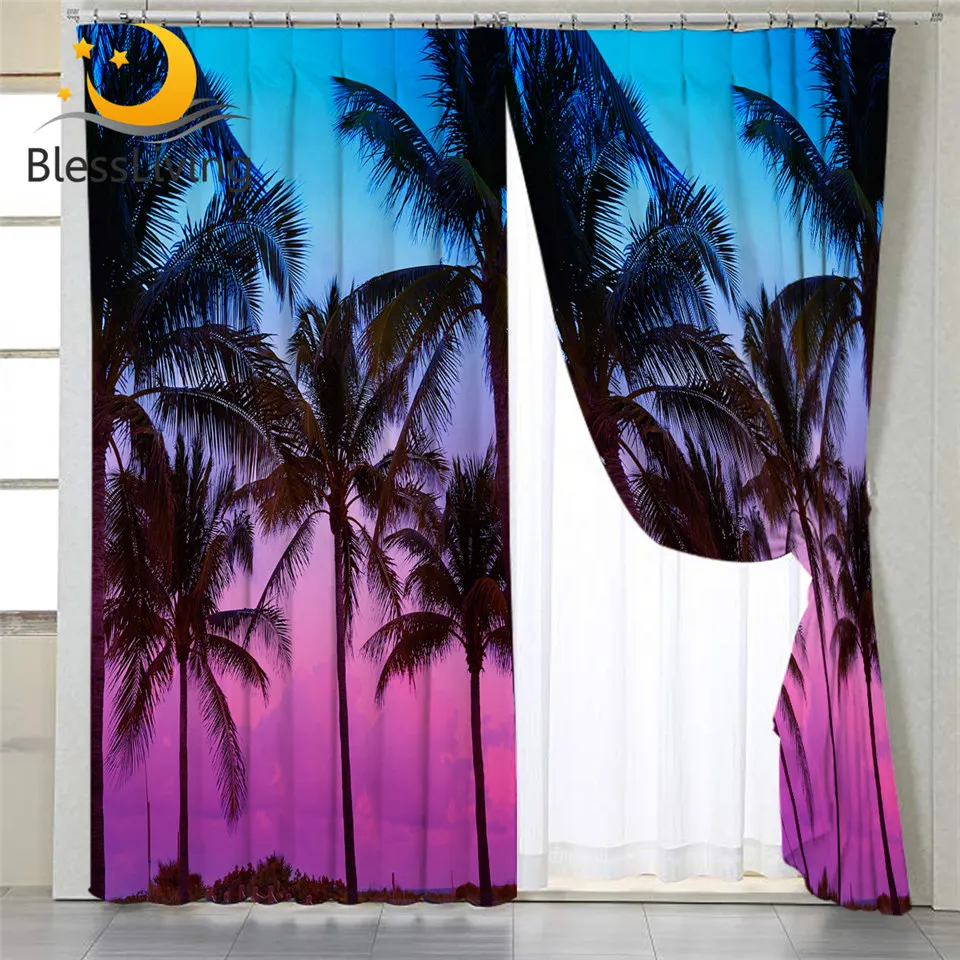 

BlessLiving Palm Trees Curtain for Living Room Tropical Curtain Bedroom Miami Beach Sunset 3D Window Treatment Drapes 1-Piece