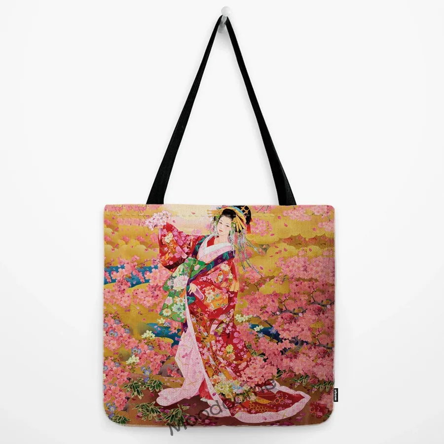 Foldable Japanese Geisha Floral Beautiful Girl Art Fashion Woman Shoulder Bag Shopping Grocery Tote Bag  Cotton Linen Lady Bag