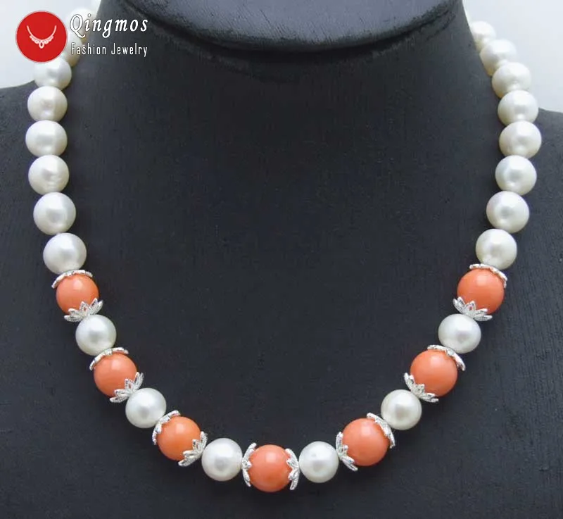 Qingmos 9-10mm Round Natural White Pearl Necklace for Women with 9-10mm Natural Pink Coral Necklace 17