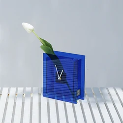 Acrylic Simple Creative Home Blue Square Clock Ornament Dried Flower Vase Simple Art Clock Living Room Bedroom Clock Decoration