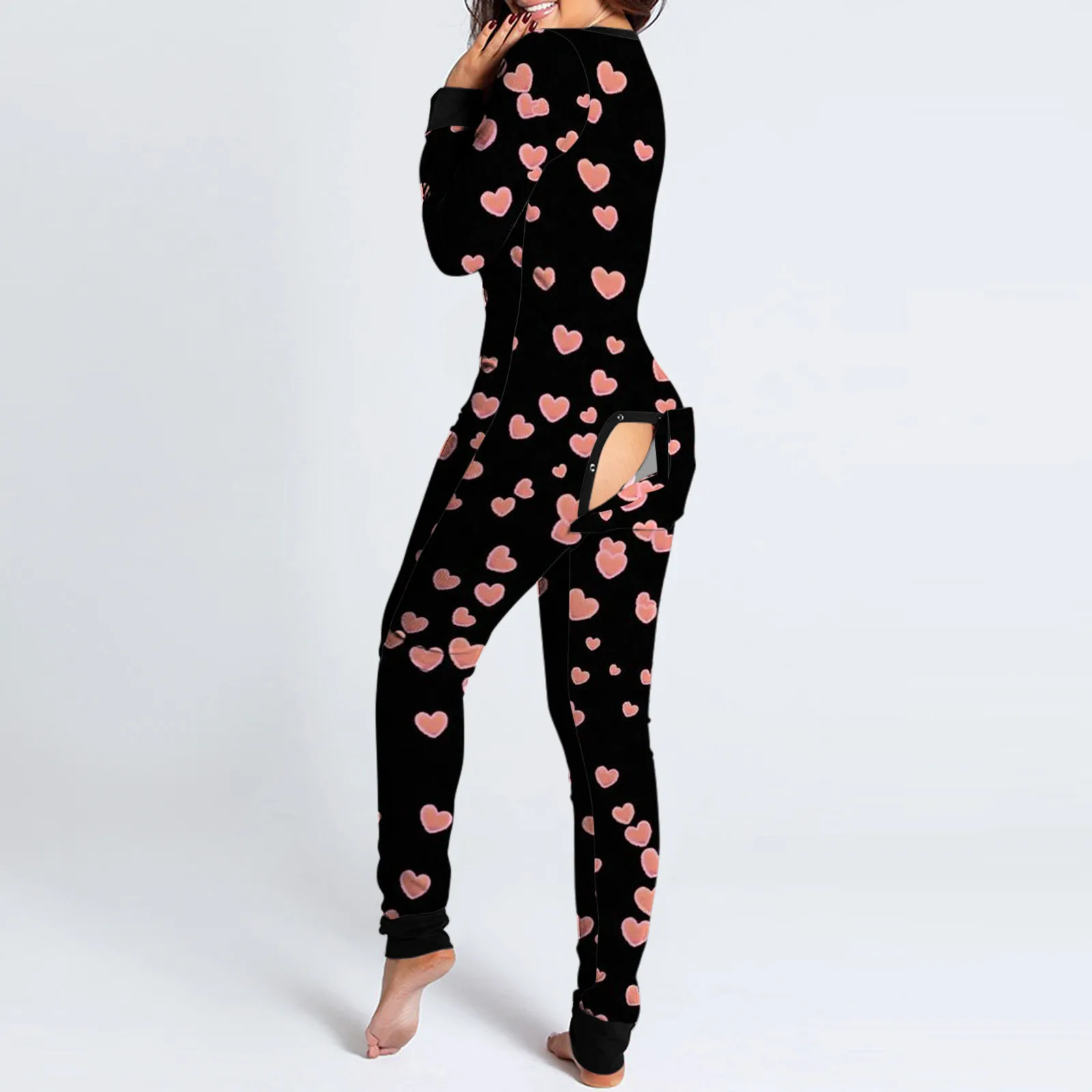 Valentines Day Women Onesie Pajamas Buttoned Butt Flap Jumpsuit Sleepwear Mouth Lips Heart-shaped Printed Adults Onesies Pyjama