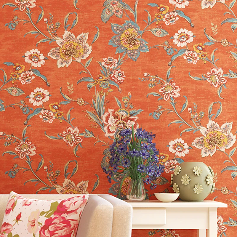 Paper Nostalgia Pure Retro Wallpaper Roll Orange Red Pastoral Flowers Wallpaper For Living Room Bedroom Tv Background Wall Decor