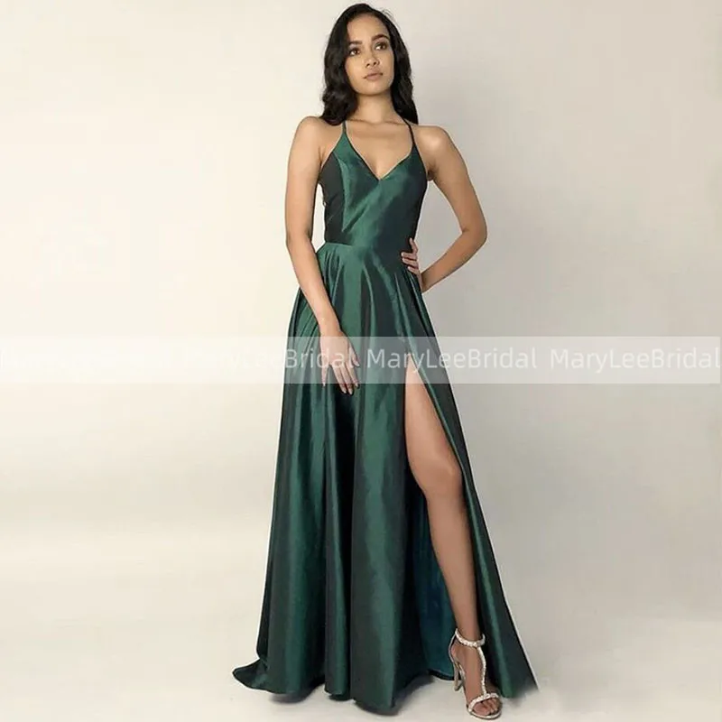 

Dark Green Satin Prom Dress Spaghetti Strap V-Neck Front High Slit Evening Party Dresses Formal A-line vestidos de gala cortos