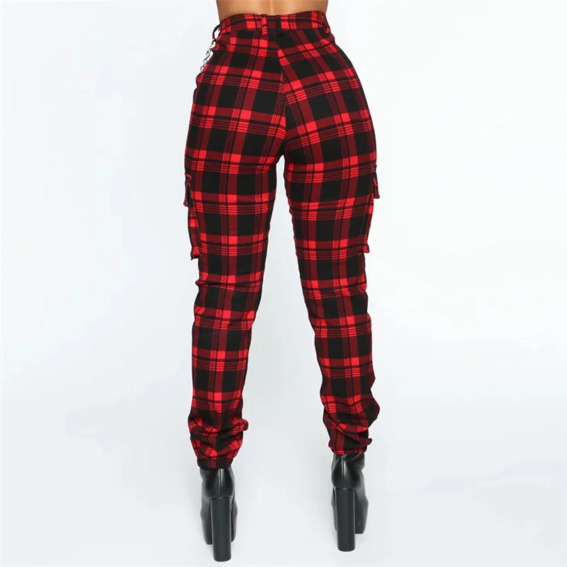 Red Plaid Pants Women Slim Hight Waist Trousers Women Harem Pants Pockets Without Chain Plus Size Ladies Streetwear Spring