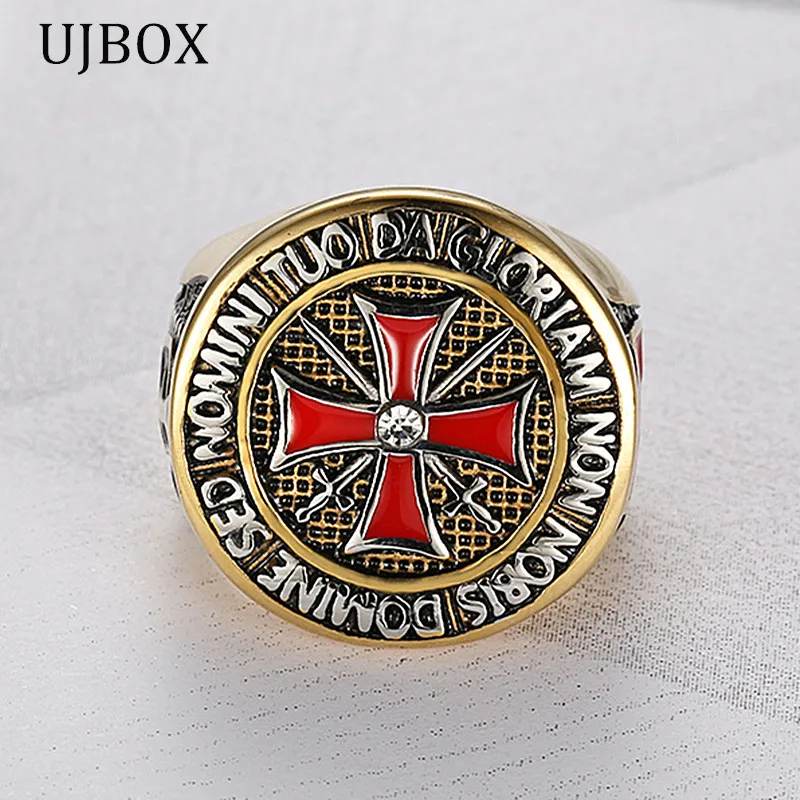 Classic Retro Iron Knights Templar Men Rings Size 7-15 Real Stainless Steel Red Enamel Cross Ring ShiningCubic Zirconia R725G