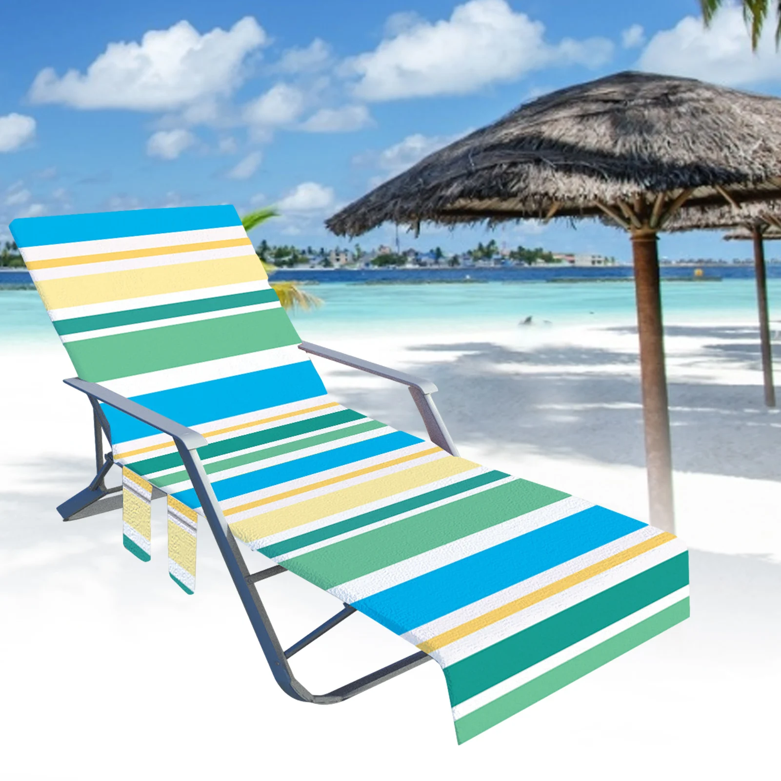 Portable Beach Chair Towel Long Strap Beach Bed Chair Towel Cover With Pocket For Summer Outdoor Garden Pool Sun Lounger Cover