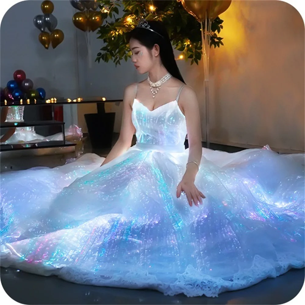 Lumisonata Light Up Glow In The Dark Fiber Optic Fabric Women Customizable Luminous Dress Led Long Skirt For Wedding Party