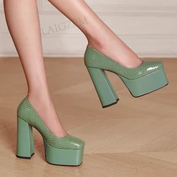 LAIGZEM Women Pumps Slip On Real Leather 13CM Square Toe 13CM Block Heels Sandals Dress Prom Ladies Shoes Woman Size 33 37 38 39