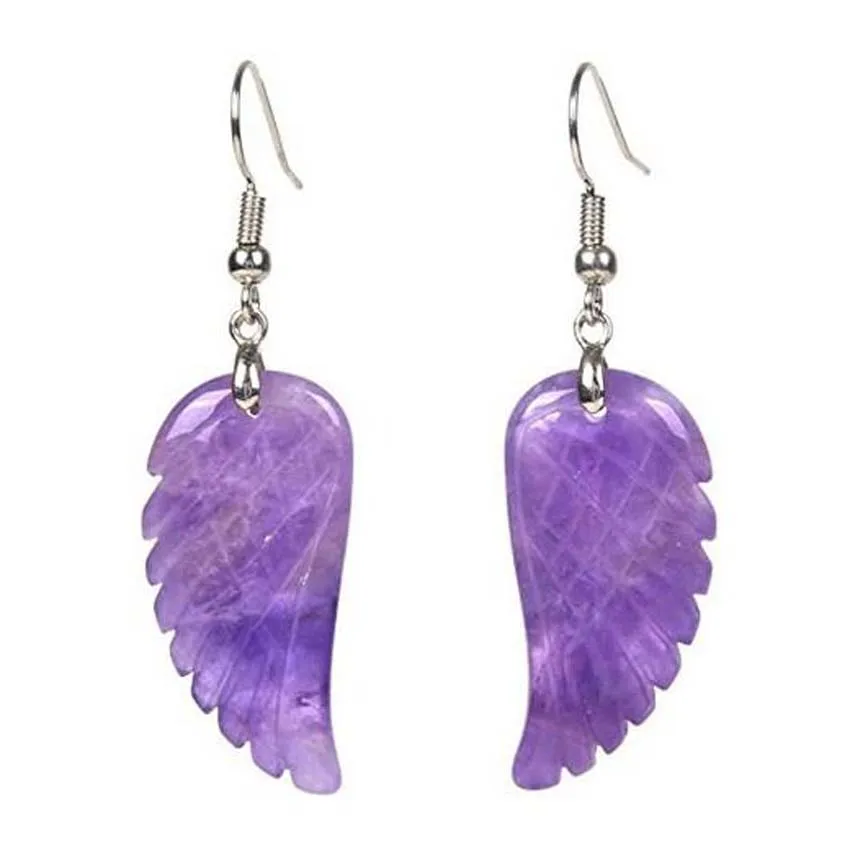 KFT Natural Carved Healing Reiki Crystal Quartz Stone Earring Amethysts Lapis Lazuli Angel Wing Dangle Hook Stone Earrings