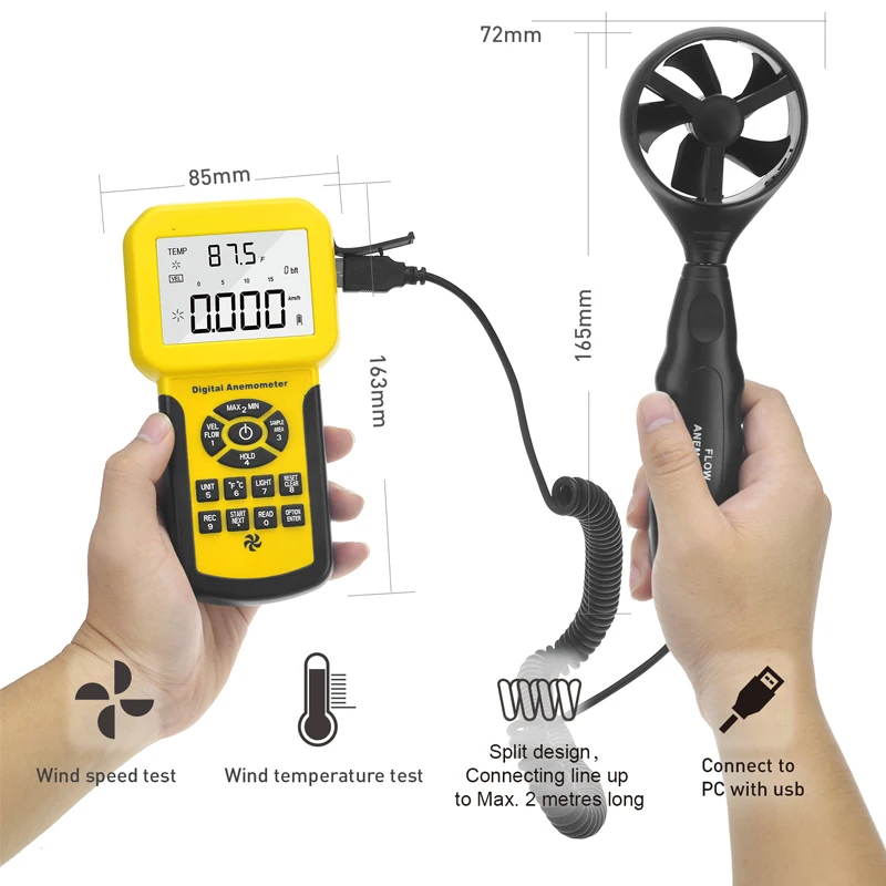 BT-856A Digital Anemometer Pro CFM Measures Wind Speed Wind Flow, Wind Temp for HVAC Air Flow Velocity Meter with Backlight USB