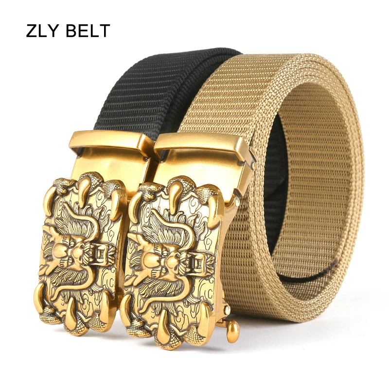 2021 New Fashion Canvas Belt Men Women Unisex Luxury Metal Exquisite Brass Dragon Carving Buckle Waistband Tactical Casual Style